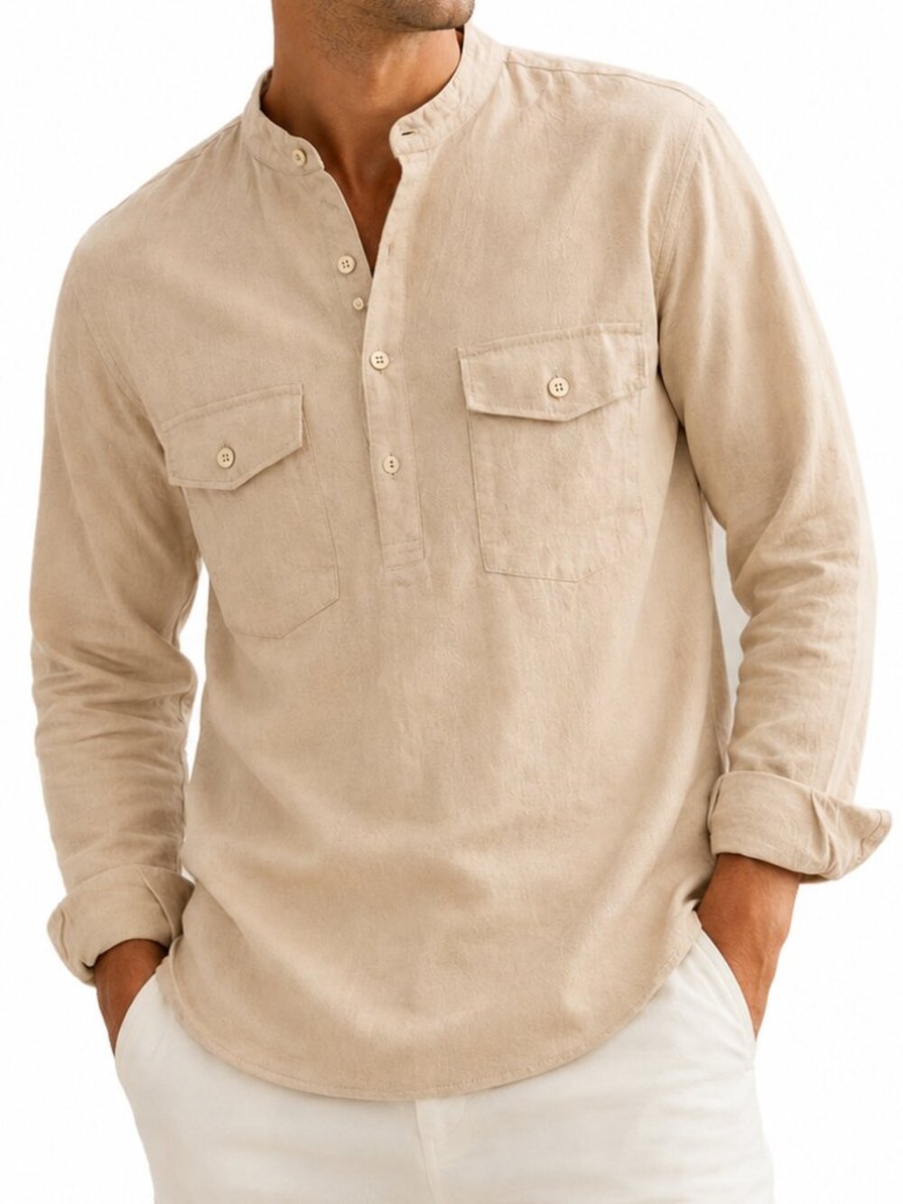 MANFINITY Beige Linen Look Mandarin Collar Button Front Shirt Size M